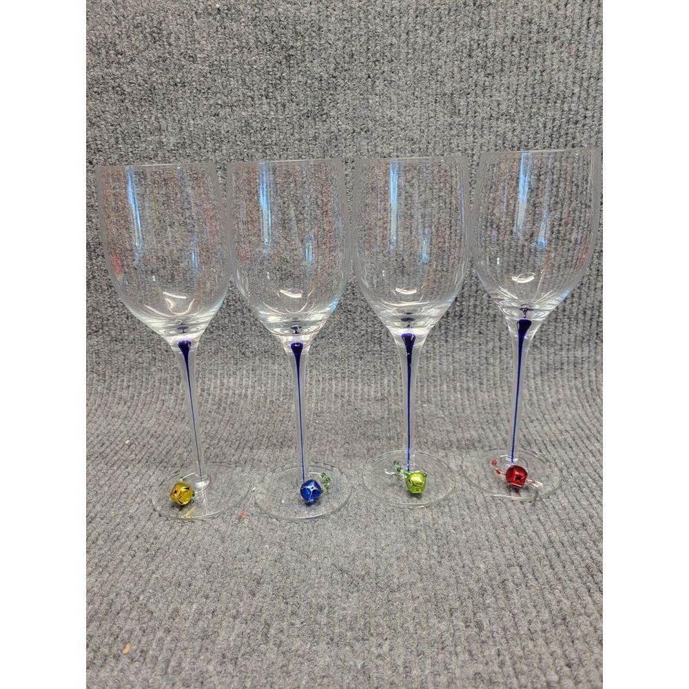 Set of 4 Cobalt Blue Stem Wine Glasses with Holiday Jingle Bell Charms 9.75"